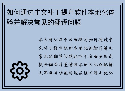 如何通过中文补丁提升软件本地化体验并解决常见的翻译问题